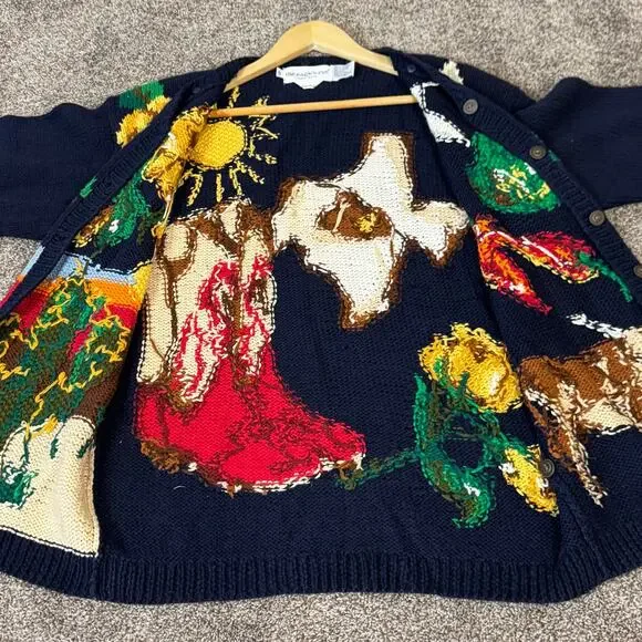 VTG The Eagle's Eye Hand Knit Cardigan Sweater Small Oversized Texas Longhorn - Picture 10 of 16
